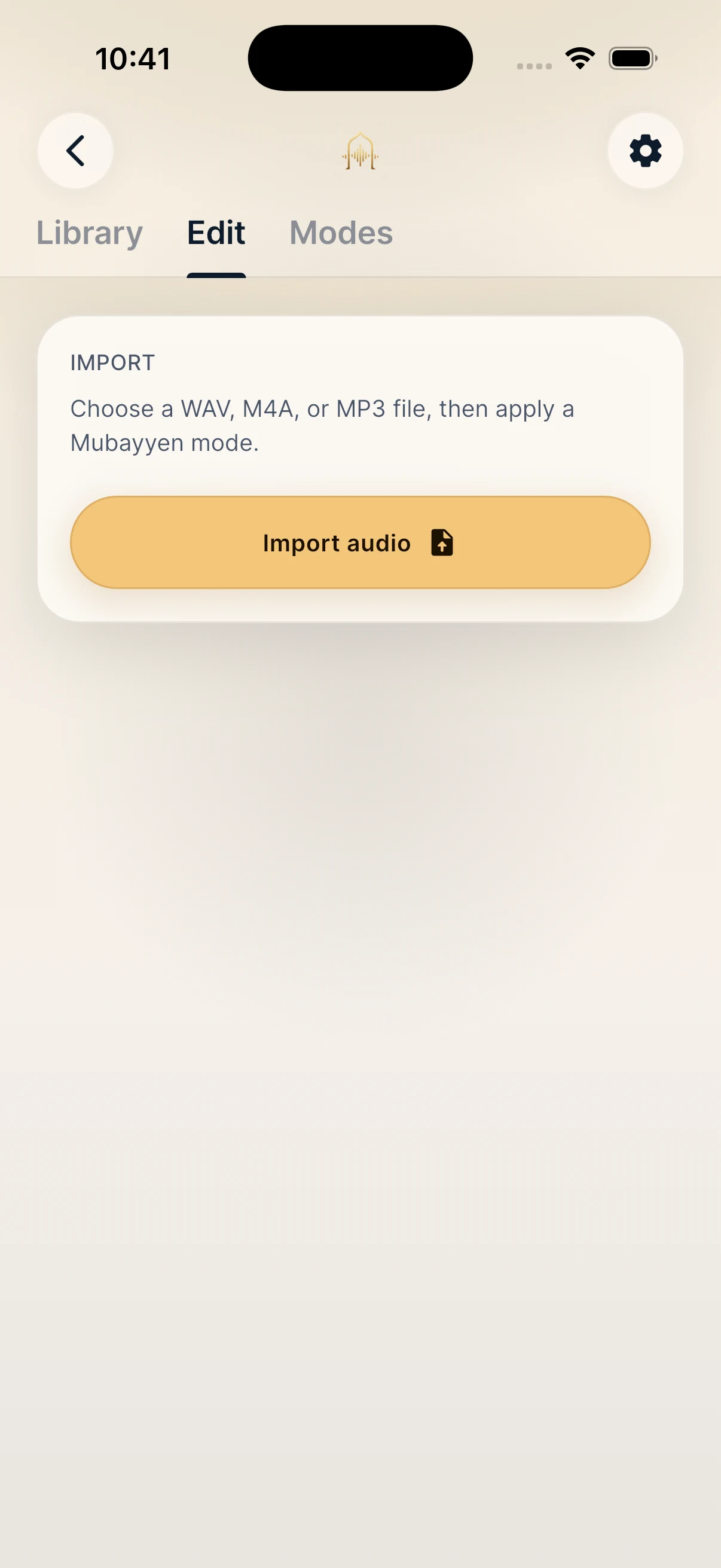 Mubayyen Edit screen on iPhone with the Import audio interface for choosing a WAV, M4A or MP3 file.