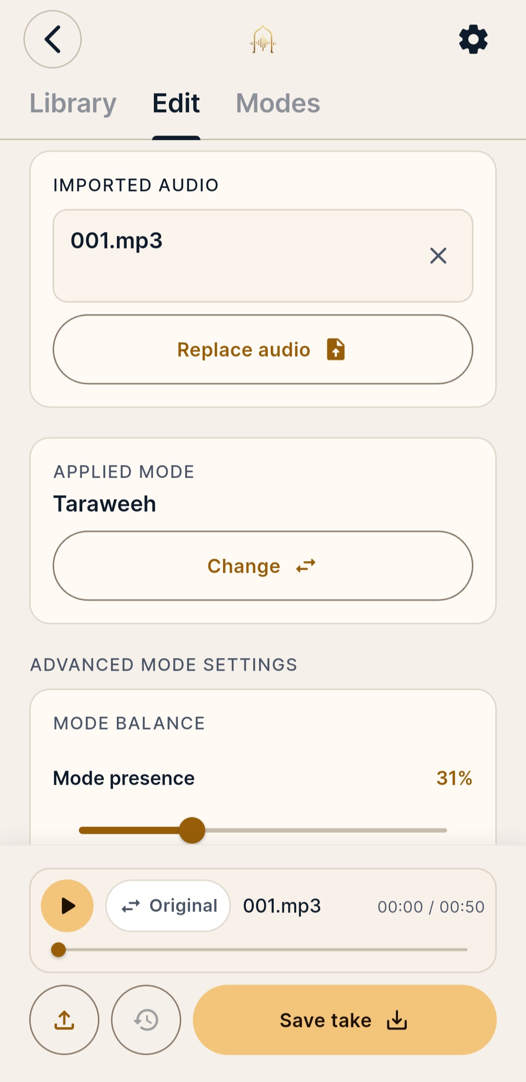 Edit screen with audio import, Taraweeh mode and advanced settings.