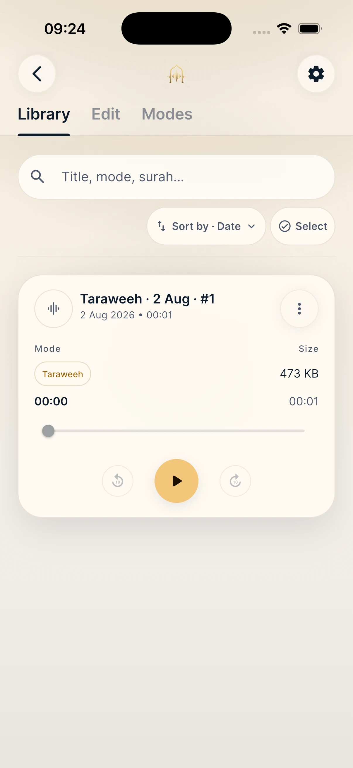 Mubayyen Library on iPhone with a real Taraweeh Take open in the player.