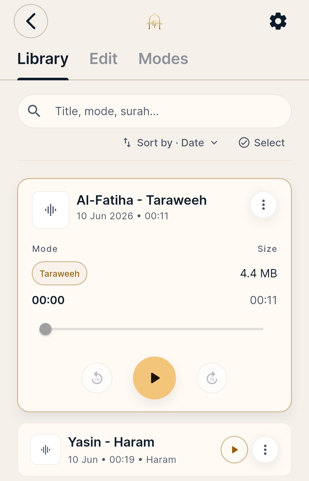 Mubayyen Library with an Al-Fatiha take in Taraweeh mode.
