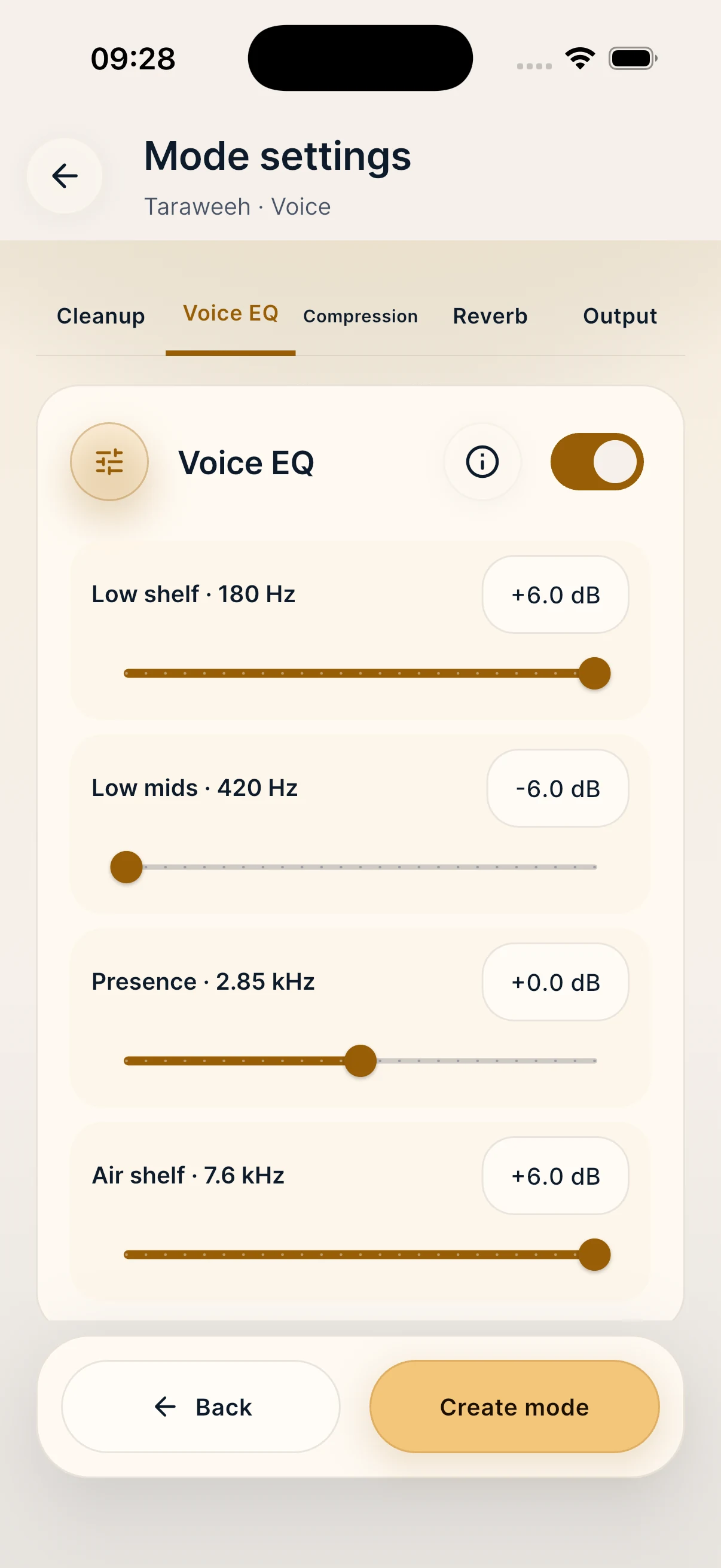 Advanced Taraweeh settings on iPhone with Voice EQ selected beside Cleanup, Compression, Reverb and Output.