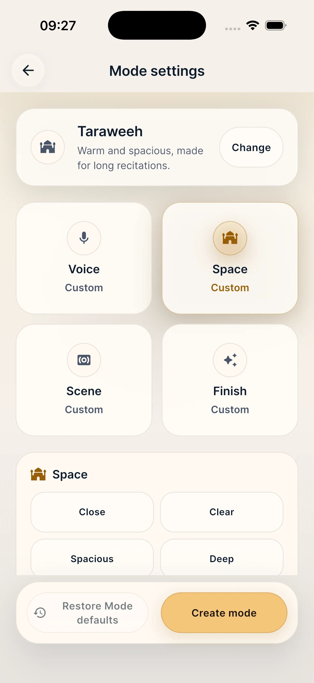 Guided Taraweeh settings on iPhone with Space selected and quick choices visible.