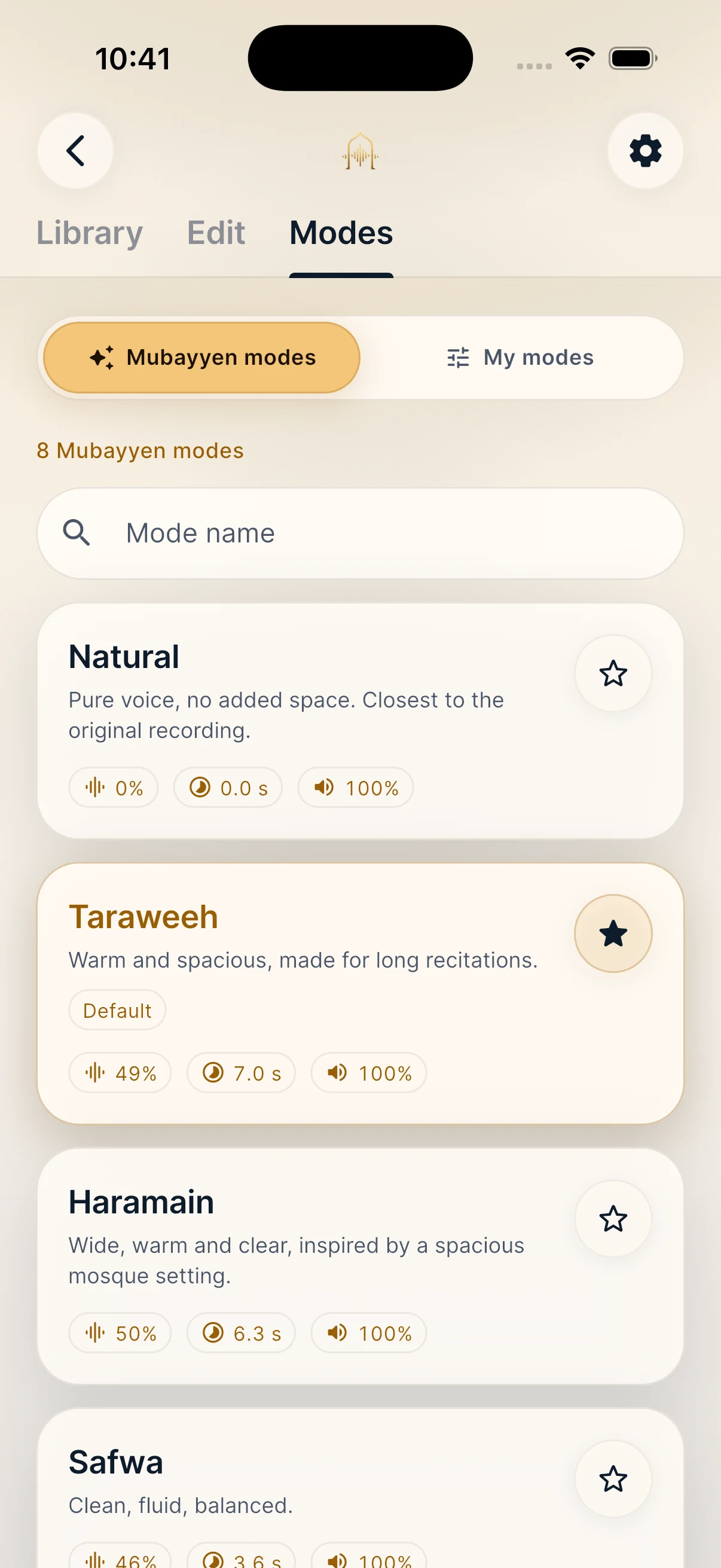 Current 8-mode Mubayyen catalog on iPhone with Taraweeh selected.