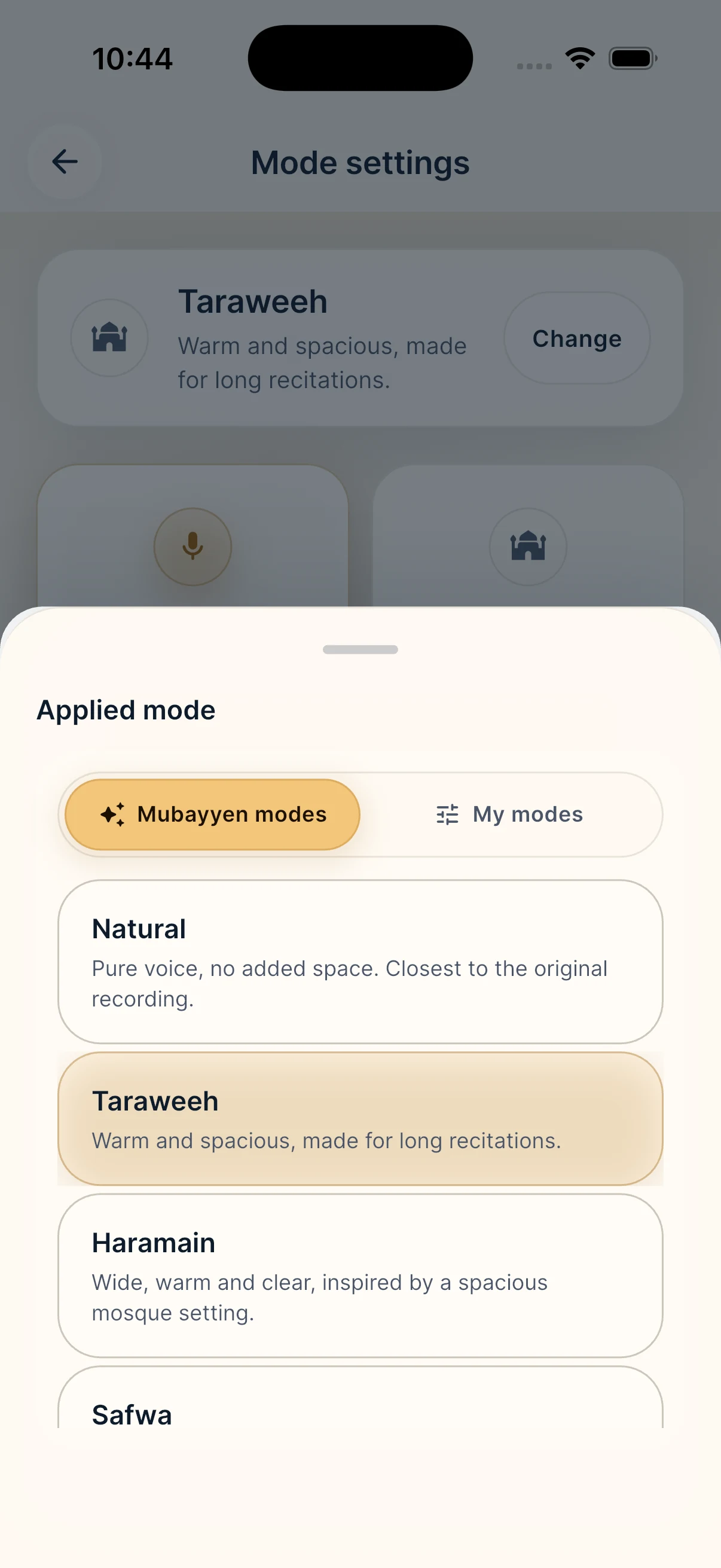 Modes bottom sheet over the Mushaf on iPhone with Taraweeh selected.