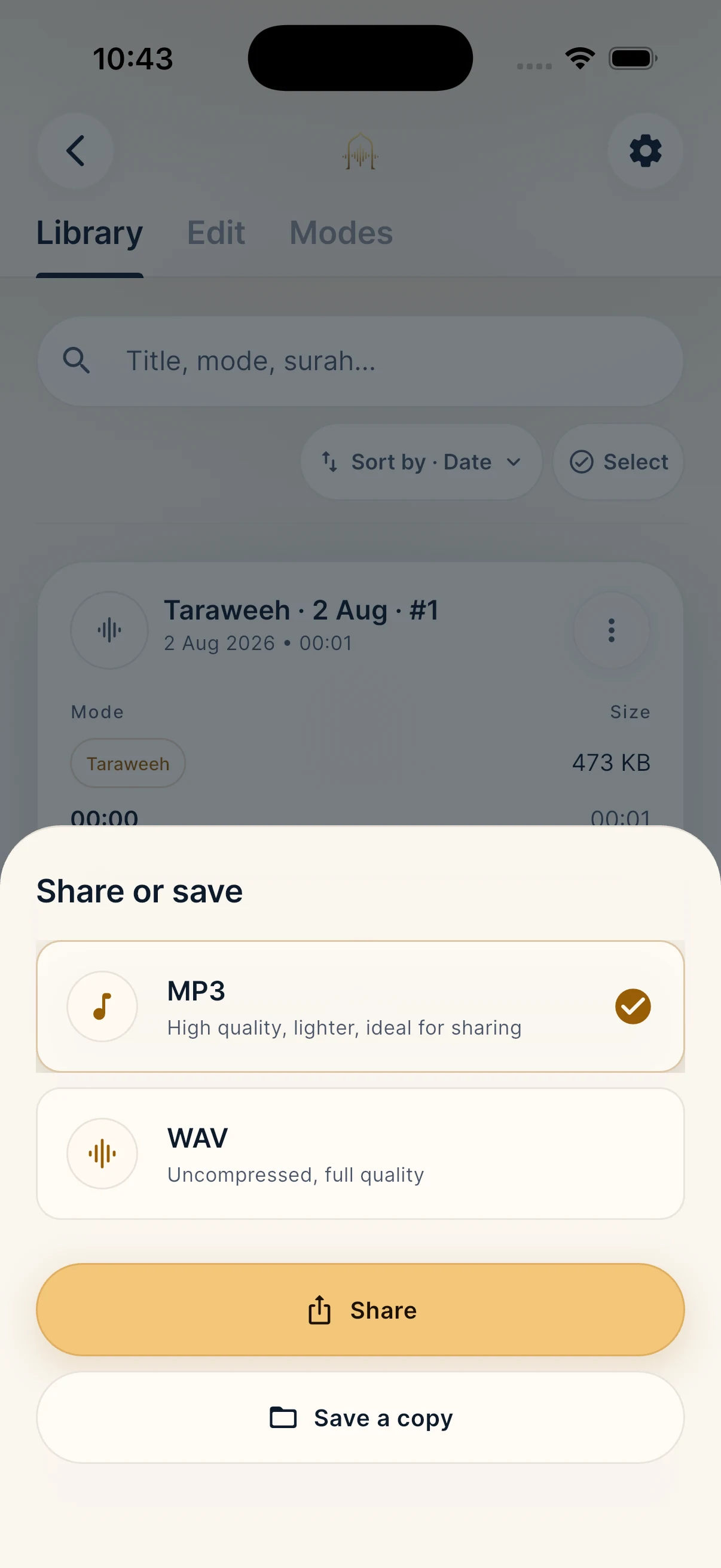 Share or save sheet on iPhone with MP3 selected, WAV, Share and Save a copy.