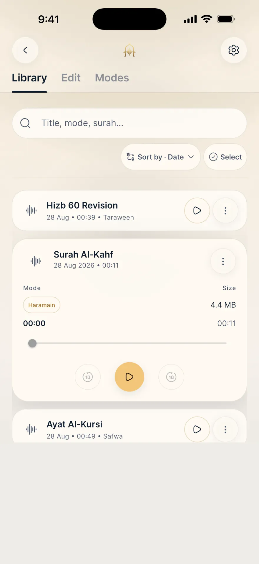 Mubayyen Library on iPhone with a real Taraweeh Take open in the player.