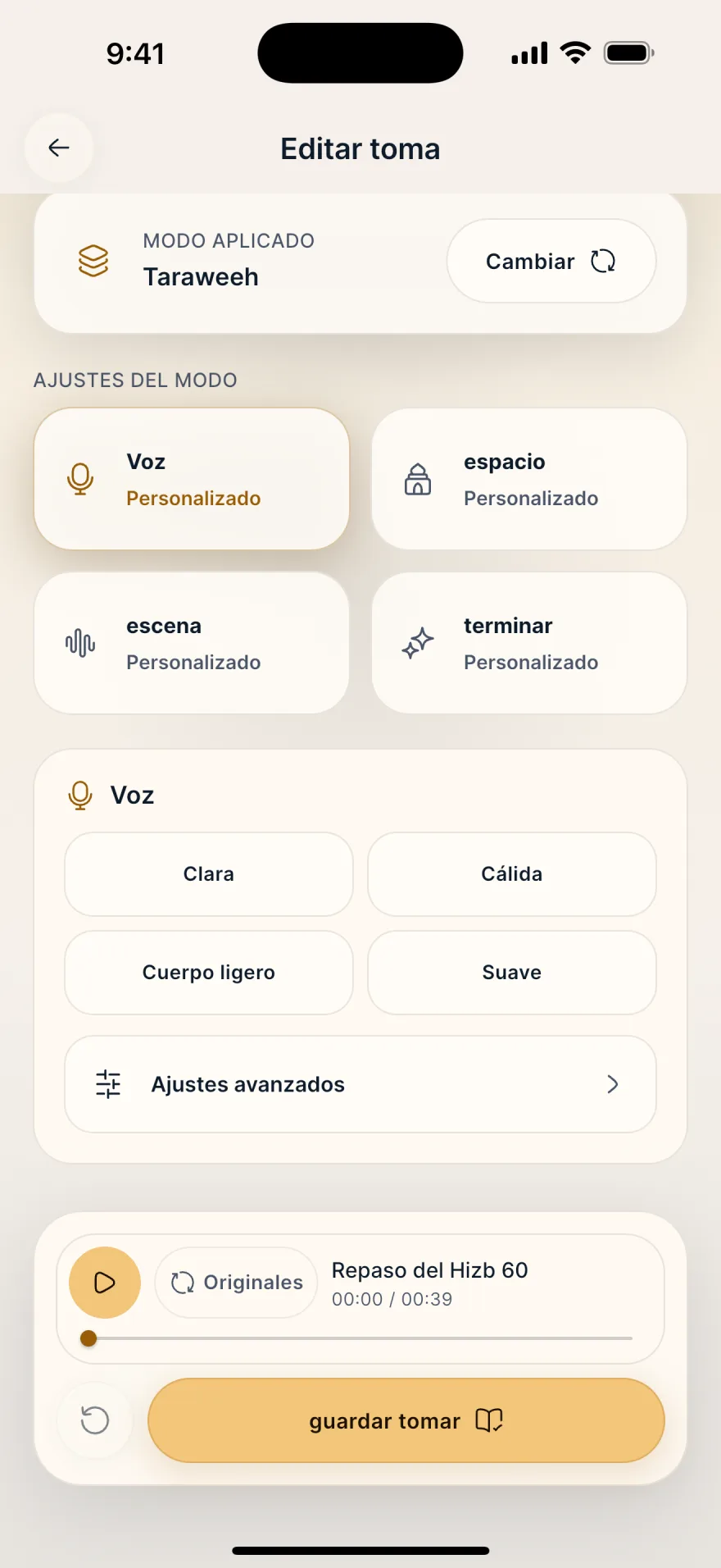 8 modos con reverberación, eco y espacios acústicos diferentes. · Mubayyen