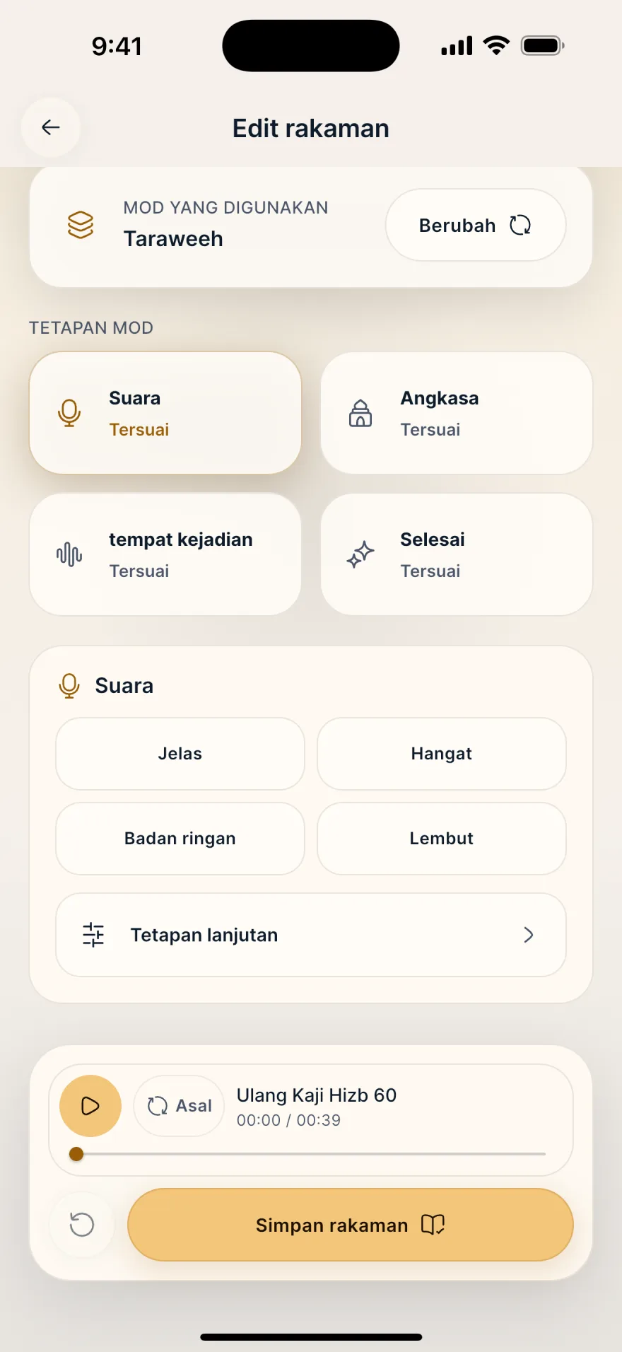 8 Mode dengan gema dan ruang akustik berbeza. · Mubayyen